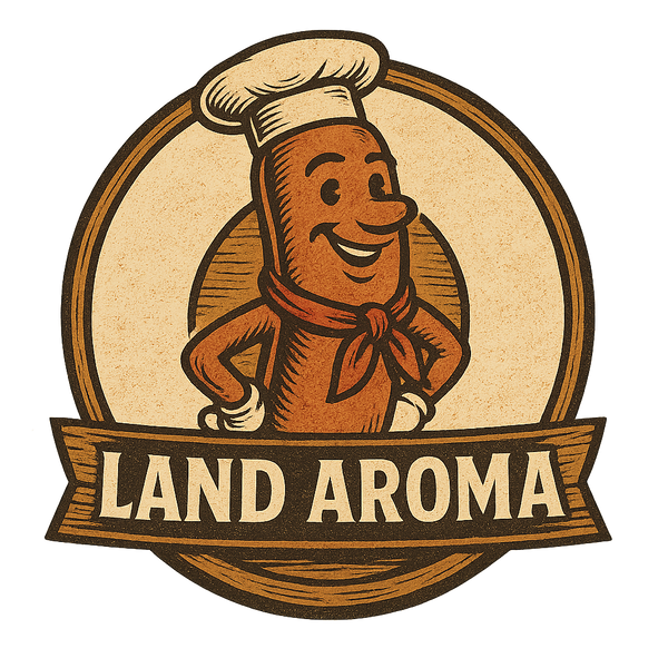 Ciemnobrązowy logotyp Land Aroma przedstawiający uśmiechnięty kabanos w czapce kucharskiej.